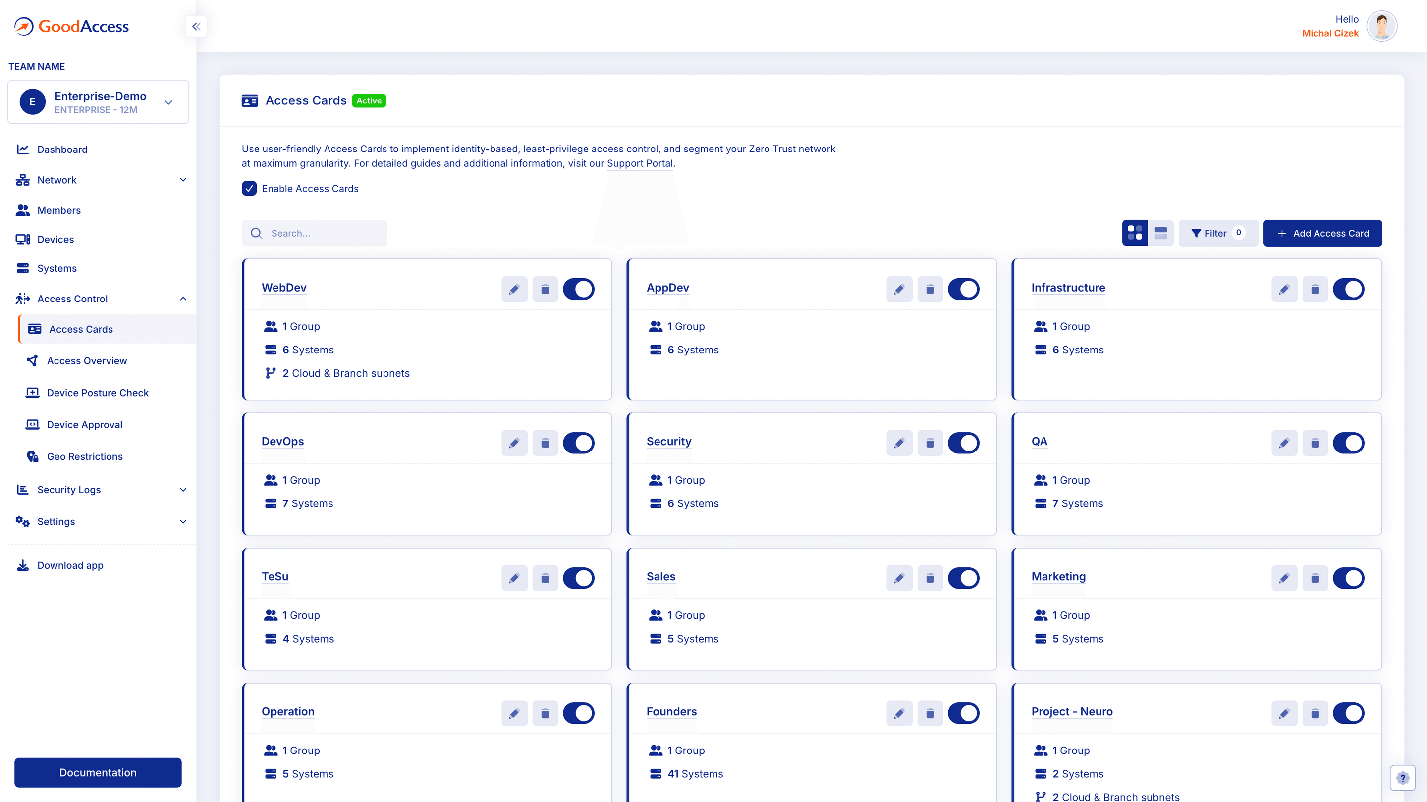 GoodAccess access cards for Admin, Developers and Sales with member, system and subnet counts