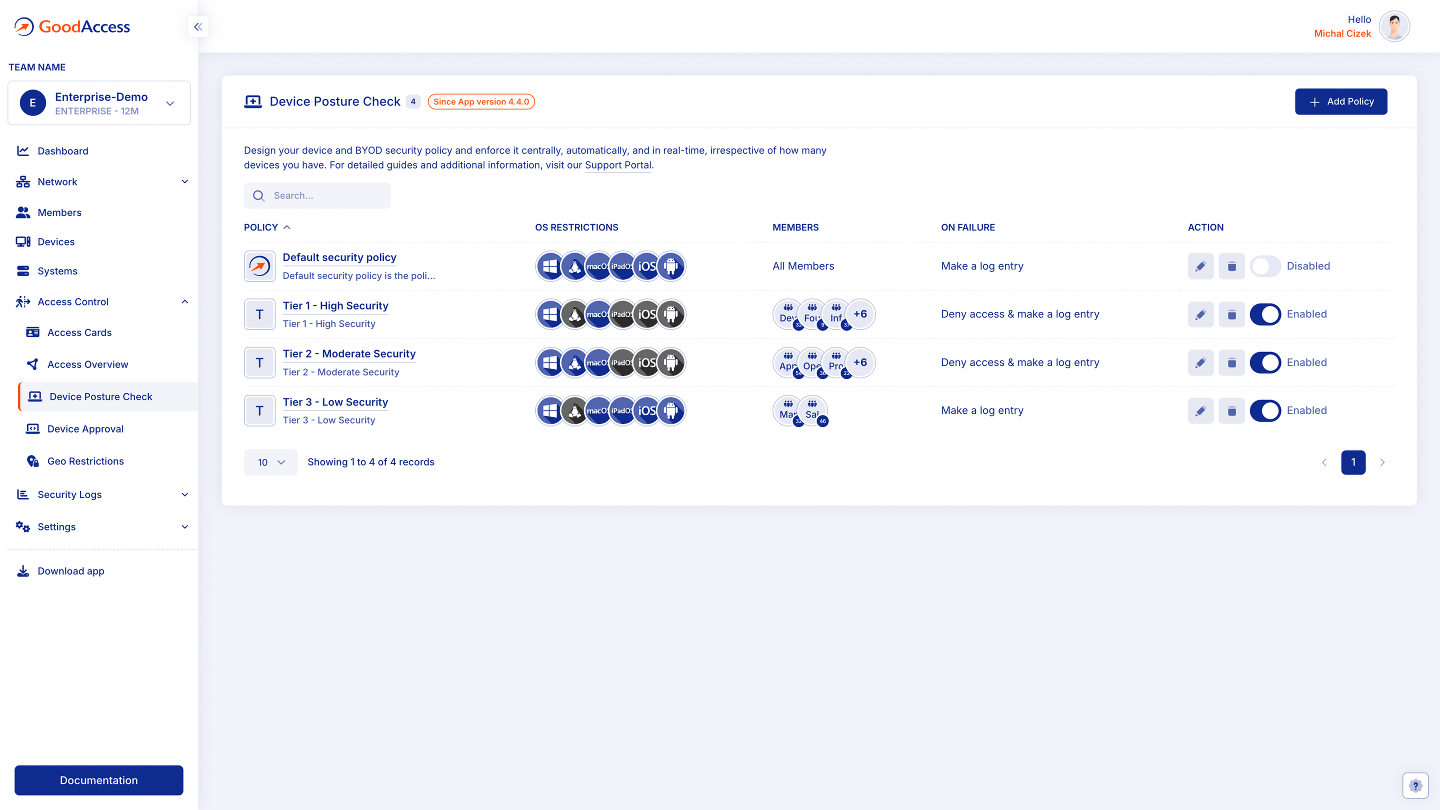 GoodAccess device posture check policies with OS restrictions and on-failure actions